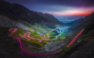 Winding road mountains night light - road free wallpaper