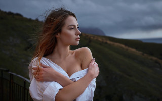 Woman longhair hill clouds folded - a hill free wallpaper