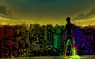 Cyberpunk cityscape ledge neon ruins - a neon free wallpaper for desktop