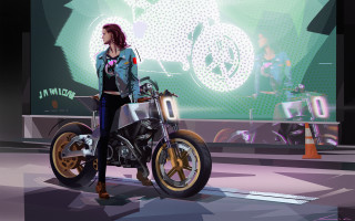 Woman motorcycle stage cyberpunk rossdraws - a stage free wallpaper