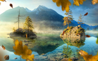 Lake island mountain autumn scenery - german romanticism free wallpaper for desktop
