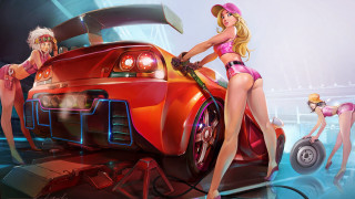 Cyberpunk girls bikinis car motorcycle - a hood free wallpaper