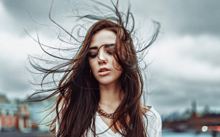 Woman long hair cloudy sky 2 - flowing free wallpaper