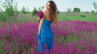 Woman blue dress purple flower - anna hotchkis free wallpaper