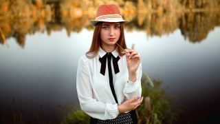Lake portrait woman hat smoke - anka zhuravleva free wallpaper for desktop