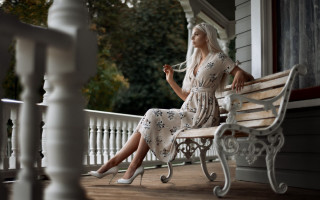 White haired woman bench porch - a long white hair free wallpaper