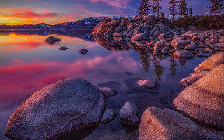 Lake rocks sunset mountains colorful - a colorful sky free wallpaper