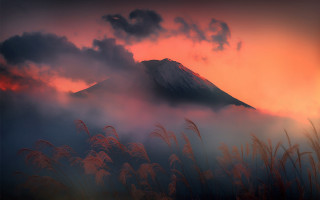 Mountain clouds red sky grass 2 - a few tall grass free wallpaper