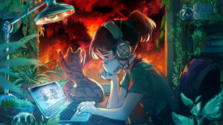 Woman laptop cat cyberpunk nature - her lap and a cat free wallpaper