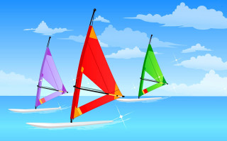 Three colorful sailboats ocean sunny - triadic free wallpaper