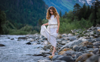 Woman white dress rocks river - the background and a forest free wallpaper