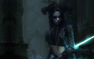 Woman sword dark room columns - bastien l. deharme free wallpaper