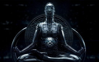 Futuristic man biomechanical afrofuturism cyberpunk - a lotus position free wallpaper