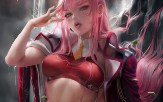 Pink hair red outfit artist - art station free wallpaper