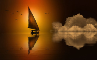 Sailboat sunset birds clouds mountain - a sunset in the background and birds free wallpaper