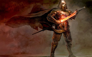 Man suit sword flame demon - fantasy concept art free wallpaper
