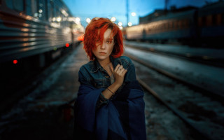 Red haired woman night traintrack - ektachrome photograph free wallpaper