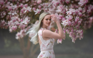 Woman white dress pink flower - alison geissler free wallpaper