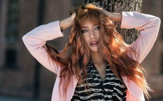 Redhaired woman tree hands up - long red hair free wallpaper