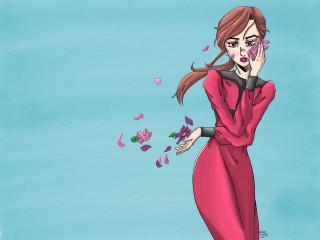 Woman pink dress blowing flower - llustration free wallpaper