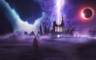 Fantasy man giant structure red - matte fantasy painting free wallpaper