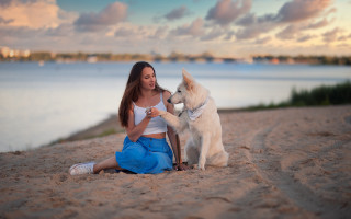 Beach woman dog cellphone romanticism - the beach free wallpaper for desktop