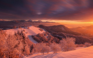 Sunset snowy mountain trees cloudy - ferenc joachim free wallpaper