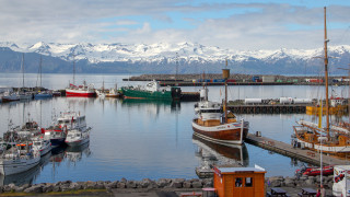 Harbor boats mountains snow panorama - several boat free wallpaper
