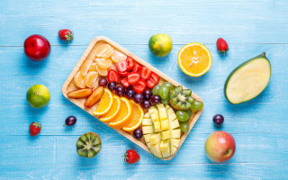 Fruit tray blue table apples - a blue table free wallpaper