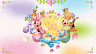 Cartoon characters happy easter message - floral free wallpaper for desktop