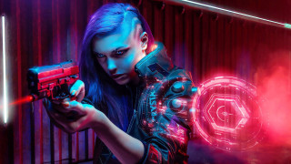 Woman neon lit cyberpunk gun - free cyberpunk wallpaper