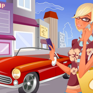 Woman talking cellphone red car - evelyn abelson free wallpaper for tablet