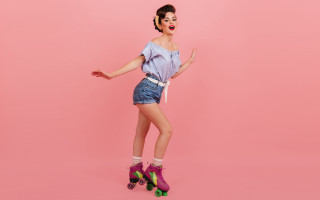 Woman rollerblading pink background fashion - kitsch movement free wallpaper