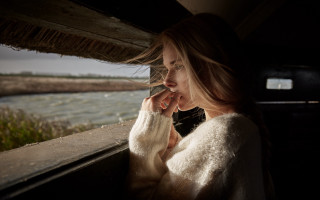 Woman window water grass blonde - outside free wallpaper for desktop