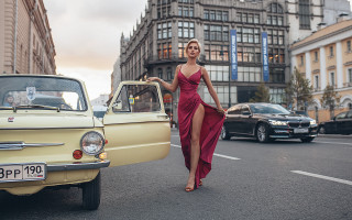 Woman red dress street city - a street next free wallpaper