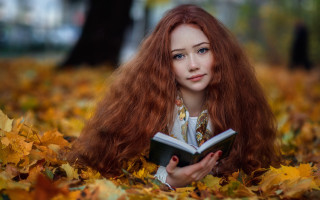 Red haired woman leaves reading - preraphaelitism free wallpaper
