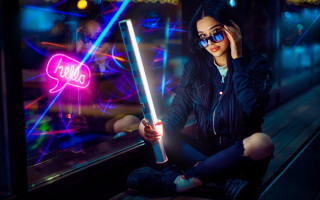 Woman sitting neon saber cyberpunk - elsa bleda free wallpaper