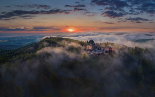 Castle hill fog trees sunset - the distance behind free wallpaper