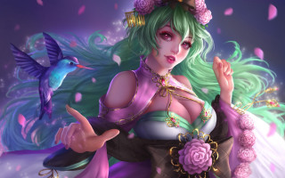 Woman bird blue rose cherry - a costume free wallpaper