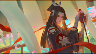 Kimono sword forest redribbon cloisonnism - red ribbon free wallpaper