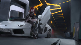 Futuristic woman sports car staircase - a futuristic setting free wallpaper