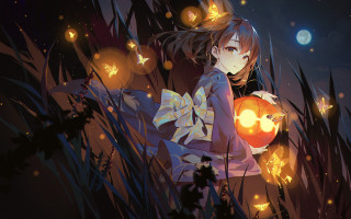 Girl pumpkin field moon stars 2 - a girl holding free wallpaper