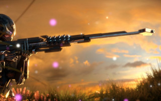 Man holding gun field sunset - unreal engine 5 free wallpaper