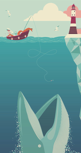 Whale ocean lighthouse boat icebergs - a whale free wallpaper