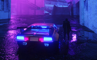 Futuristic car flooded city neon - synthwave style free wallpaper