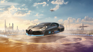 Futuristic car flying over city - overhead in the background free wallpaper