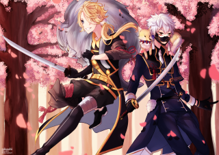 Anime characters forest pink flowers - one holding free wallpaper for desktop