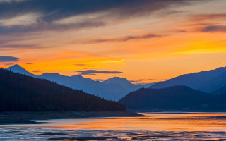 Sunset mountain lake boat forest - david boyd free wallpaper