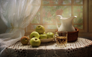 Table pitcher apples basket indoors - oil painting free wallpaper