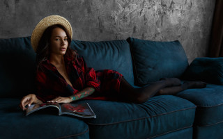 Woman couch hat book blue - her lap free wallpaper for desktop